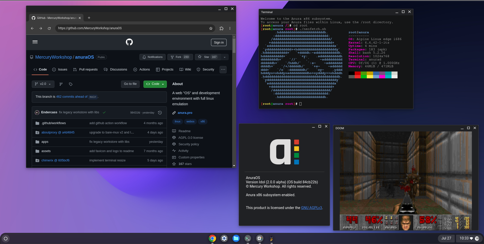 AnuraOS running in a browser: a terminal showing neofetch for an Alpine Linux i686 subsystem, the GitHub repository, and DOOM running in a window.