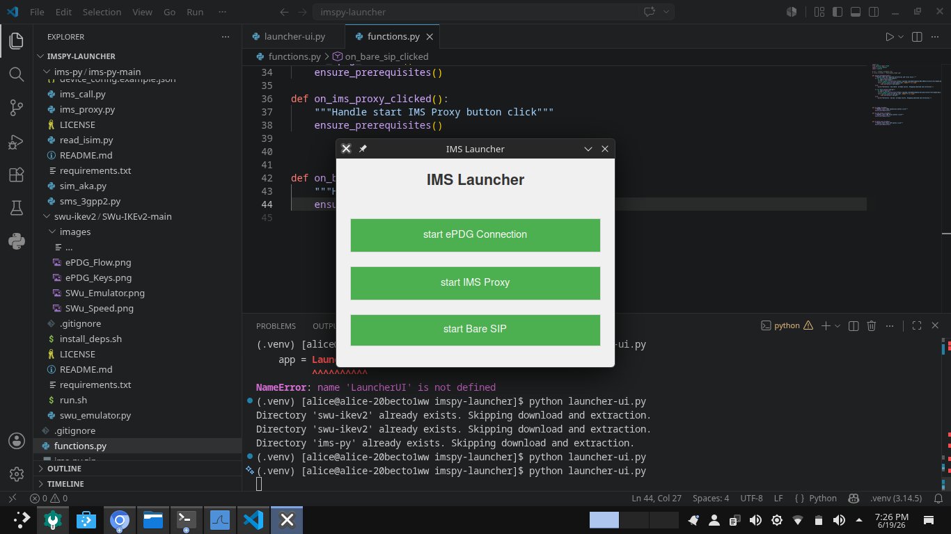 The IMS-Py launcher GUI with buttons to start the ePDG connection, IMS proxy, and BareSIP bridge, next to its Python source in VS Code.